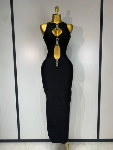 Women Celebrity Sexy Cut Out Diamonds Black Long Bodycon Bandage Dress  Elegant Evening Club Party Luxury Birthday Dresses