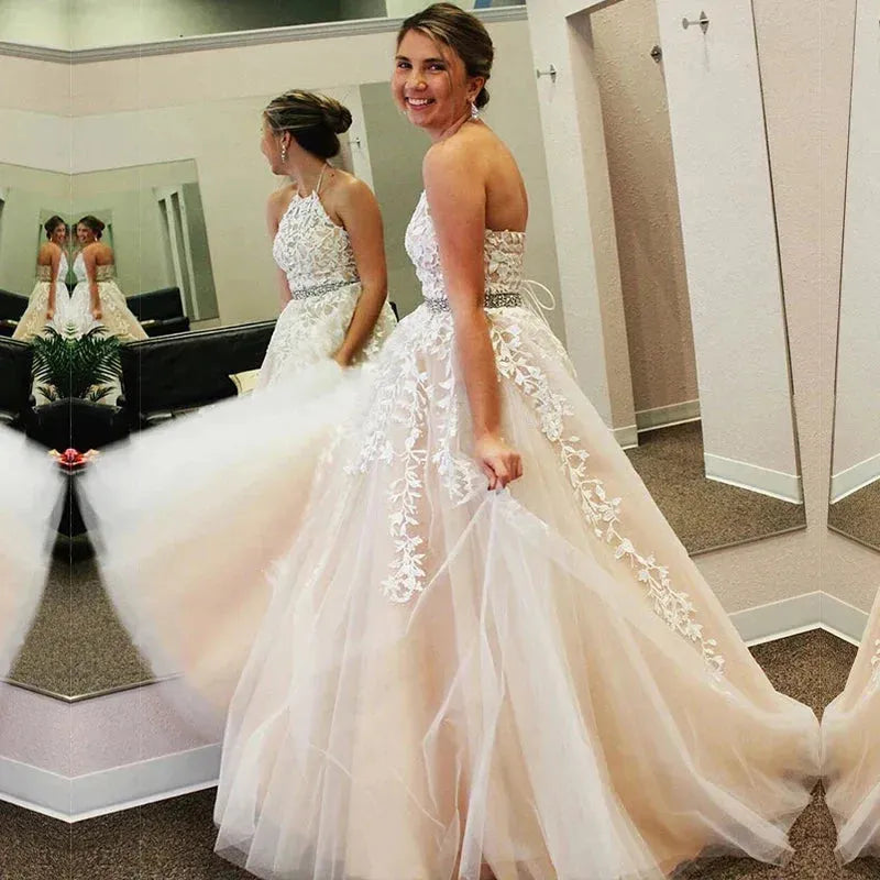 Boho Lace Wedding Dress For Women Sleeveless Halter Bridal Gown Vestido De Novia Bride Party Customi Whole Light Ivory Boho