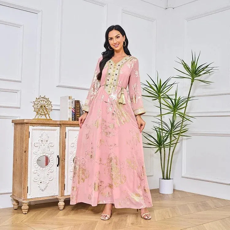 Long Dress For Prom V-neck Beaded Spring Muslim Gold Stamped Fashion Robe With Belt Pink Dress Dubai Arab Women Clothing