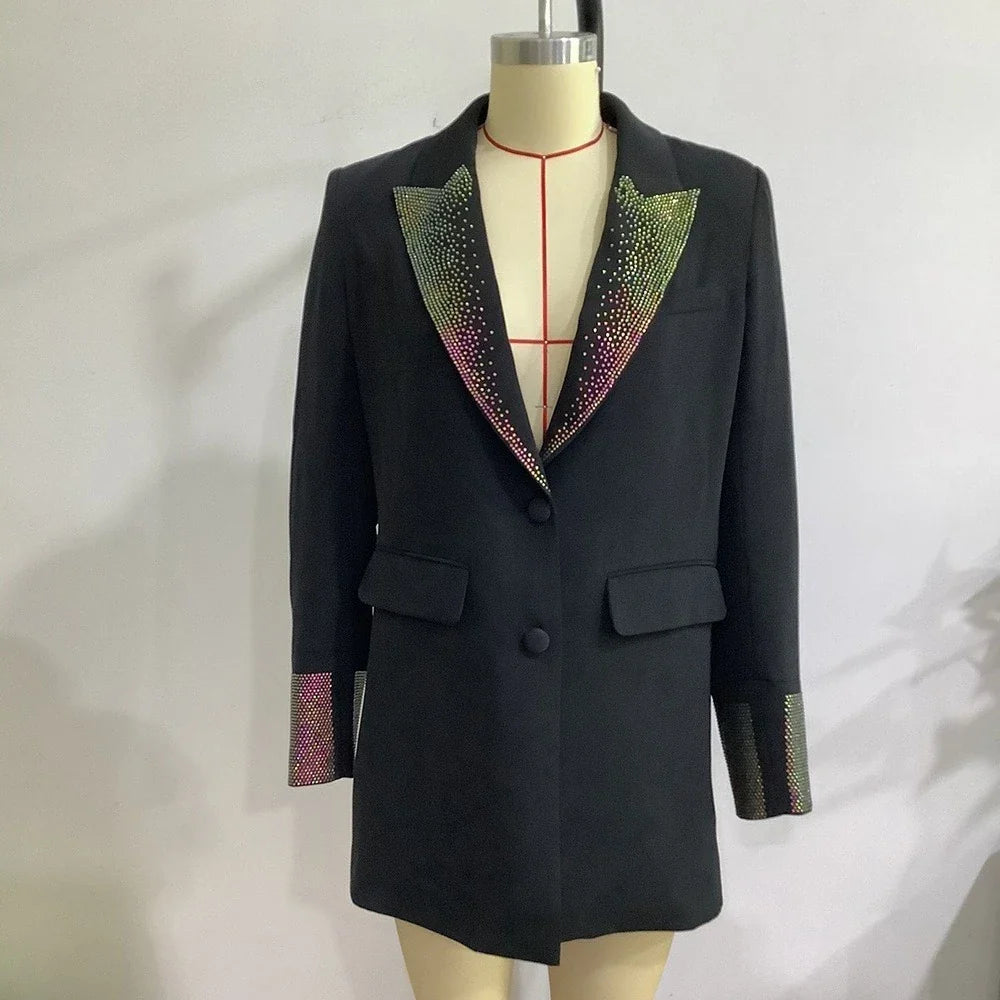 Solid Spliced Sequins Fashion Jackets for Women Lapel Long Sleeves Patchwork Single Breasted Elegant Jacket Female BLACK