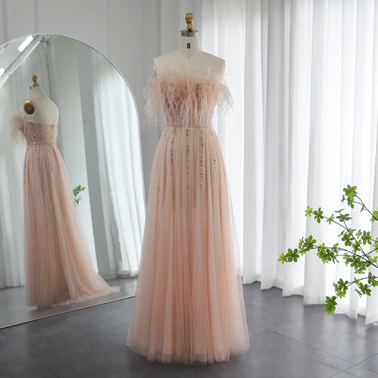 Vestido de noche de lujo con plumas rosas ruborizadas de Dubái para mujer, vestido de fiesta de boda árabe largo elegante formal para graduación 