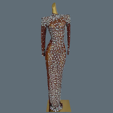 Sparkly Rhinstones Long Sleeve Elegant Party Dress Women Luxury Performance Stage Wear Evening Birthday Holiday Gown Caicui