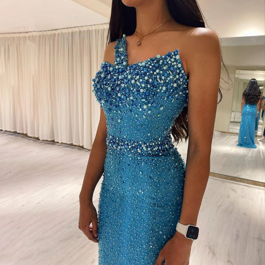 Vestidos de noche de sirena de lujo en azul turquesa de Dubái para mujer, vestidos de fiesta formales árabes de un solo hombro para boda SS336 