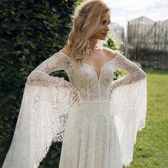 Women's Wedding Dresses Boho for Bride Plus Size Lace Beach Bridal Gowns with Long Sleeves Bohemian Wedding Gowns