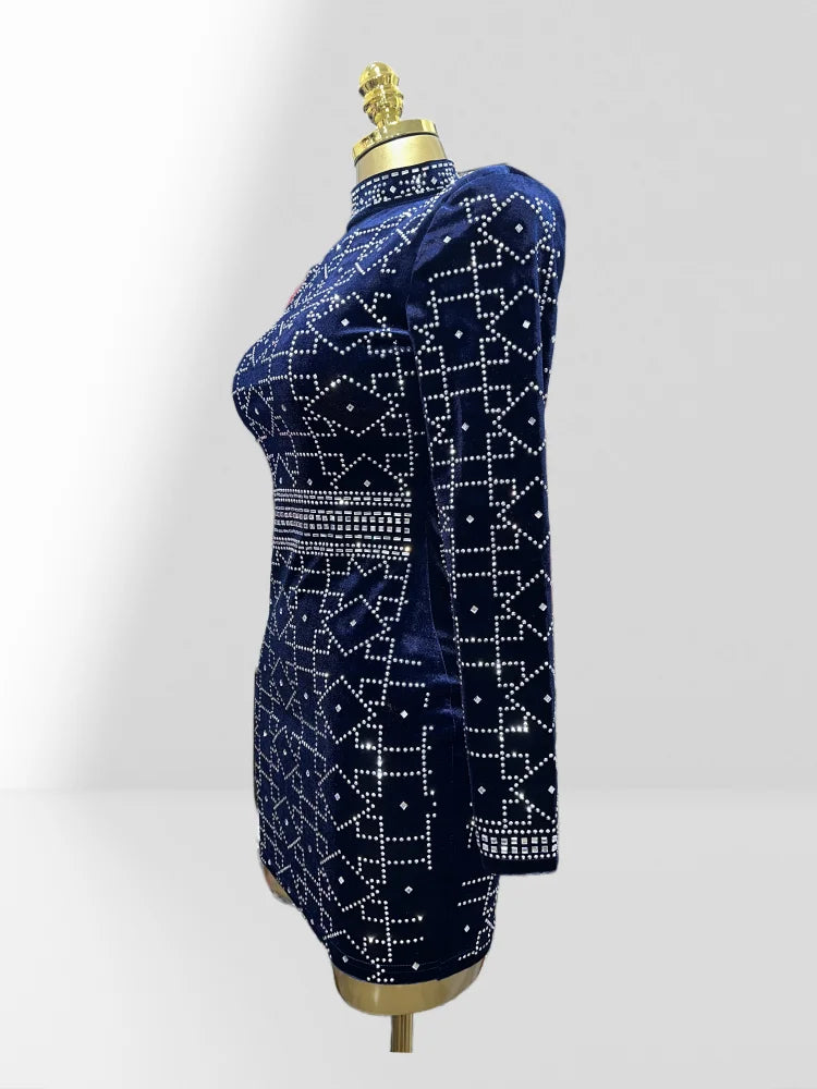 2025 New Dark Blue Velvet Luxury Diamonds O-neck  Tuck Waist Mini Dress Fashion Woman Party Dress Celebration Birthday Vestido