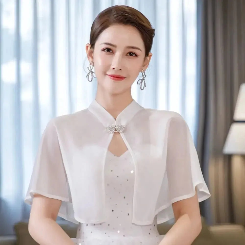 Korean Solid Chiffon Sunscreen Shawl Summer Sun Protection Clothing Wedding Dress Rhinestone Buckle Womens Cape Blouse Cloak white