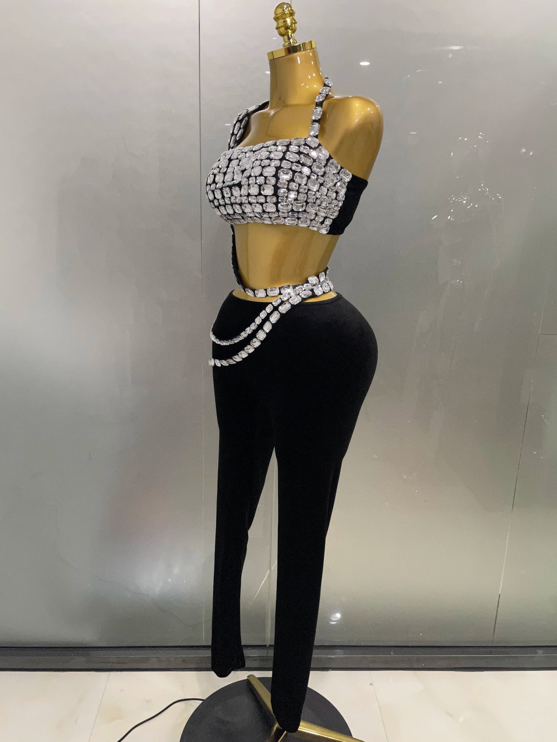 New Luxury Sparkle Diamonds Sexy Crop Top Velour Pant Two Pieces Set Women Celebrate Birthday Party Nightclub Stage Costume