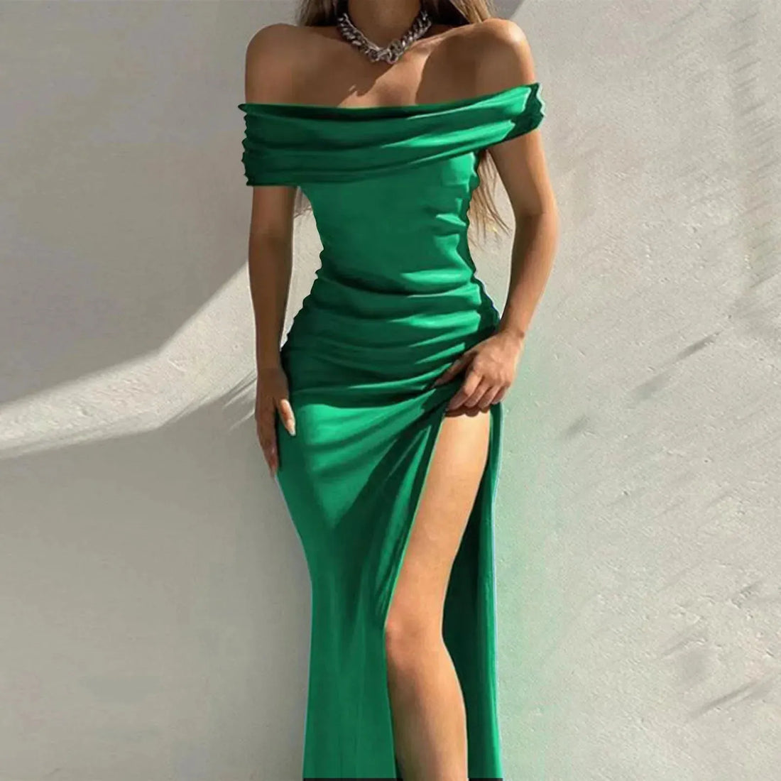 Elegant Dresses For Women Fashion Solid Color Short Sleeve One Neck High Slit Formal Dress Women Sexy Evening Prom Dress Vestido Green