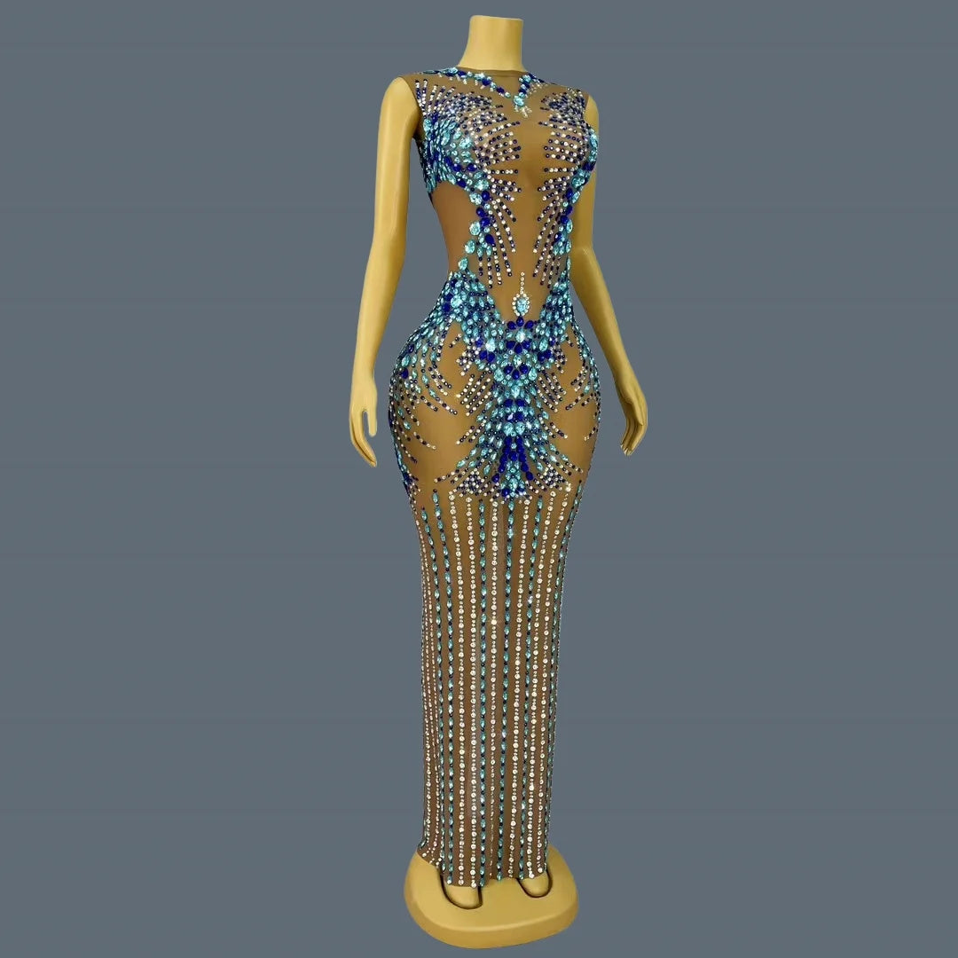 Sparkling Rhinestone See Through Mesh Evening Gown Birthday Celebrate Prom Sexy Long Dress Nightclub Cocktail Party Lantianyise