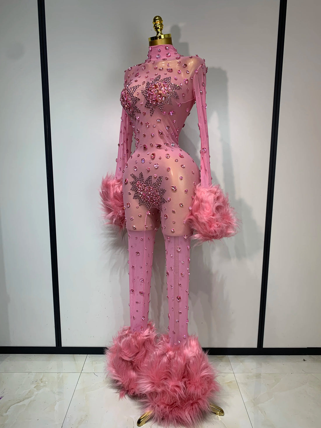 Shiny Diamond Mesh See Through Bodycon Jumpsuit Women Sexy Long Sleeve Performance Singer Costume Nightclub Stage Outfit