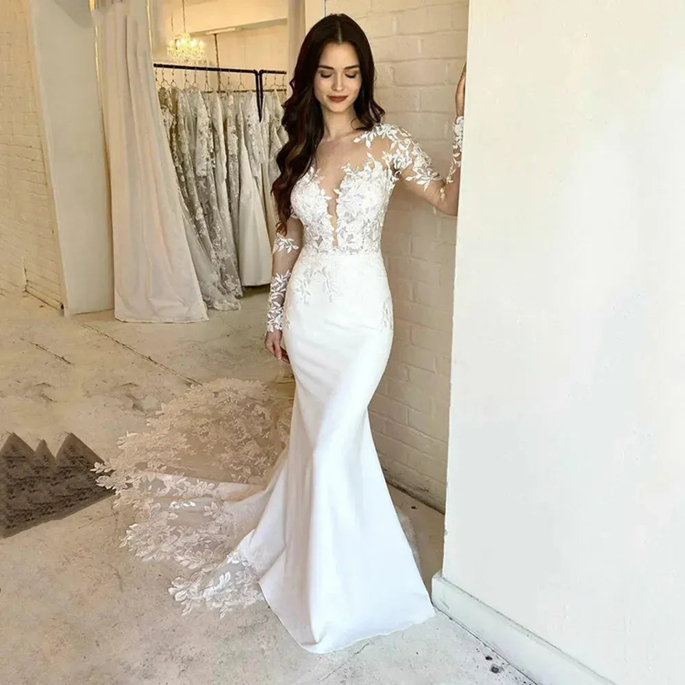 Elegant Lace Mermaid Wedding Dresses For Women Long Sleeve Lace Appliqued Bridal Gown Illusion Back Ivory Vestido De Novias ivory