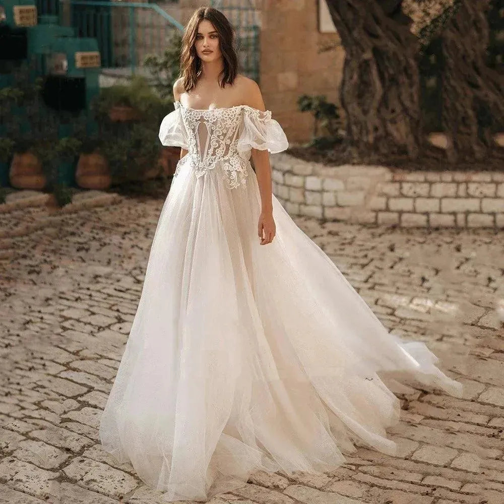 Vintage Simple Wedding Dresses Boat-Neck A-Line Bridal Gowns Lace Appliques Tulle Robes Off The Shoulder Vestidos De Novia As Pictures