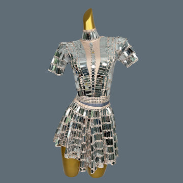 Women's Stage Show Bodysuit Mini Skirt 2Pcs Set Nightclub Dance Costume Birthday Party Shine Sequins Singer Wear Lianghuanghuang