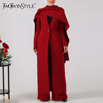 TWOTWINSTYLE Solid Slimming Spliced Button Minimalist Jackets for Women V Neck Long Sleeves Patchwork Cape Jacket Female Fashion