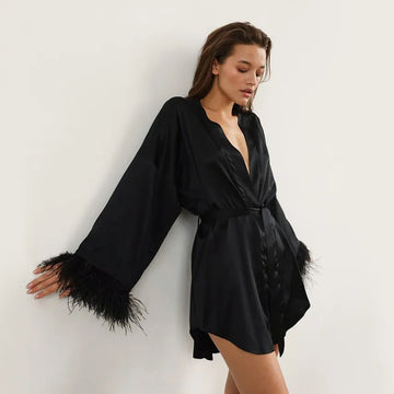 Peignoirs en plumes en Satin, Mini Robe Sexy à manches longues, Peignoirs amples pour femmes, Robe de mariée blanche et noire 