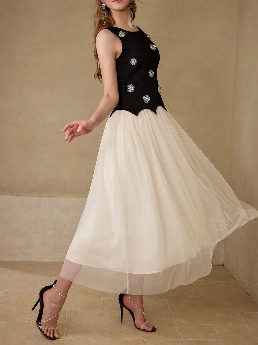 Hit Color Spliced Appliques Elegant Dresses for Women Round Neck Sleeveless Patchwork Mesh Dress Female Fashion New