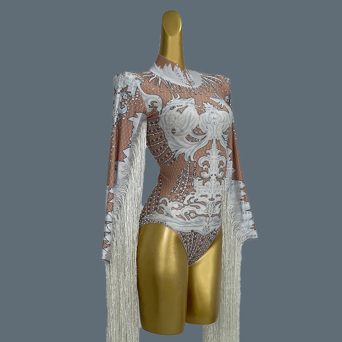 Fashion Print Rhinestone Tassel Rompers Ladies Short Bodysuit Slim Fit Show Dance Leotard Women Stage Performance Jumpsuit Tiane