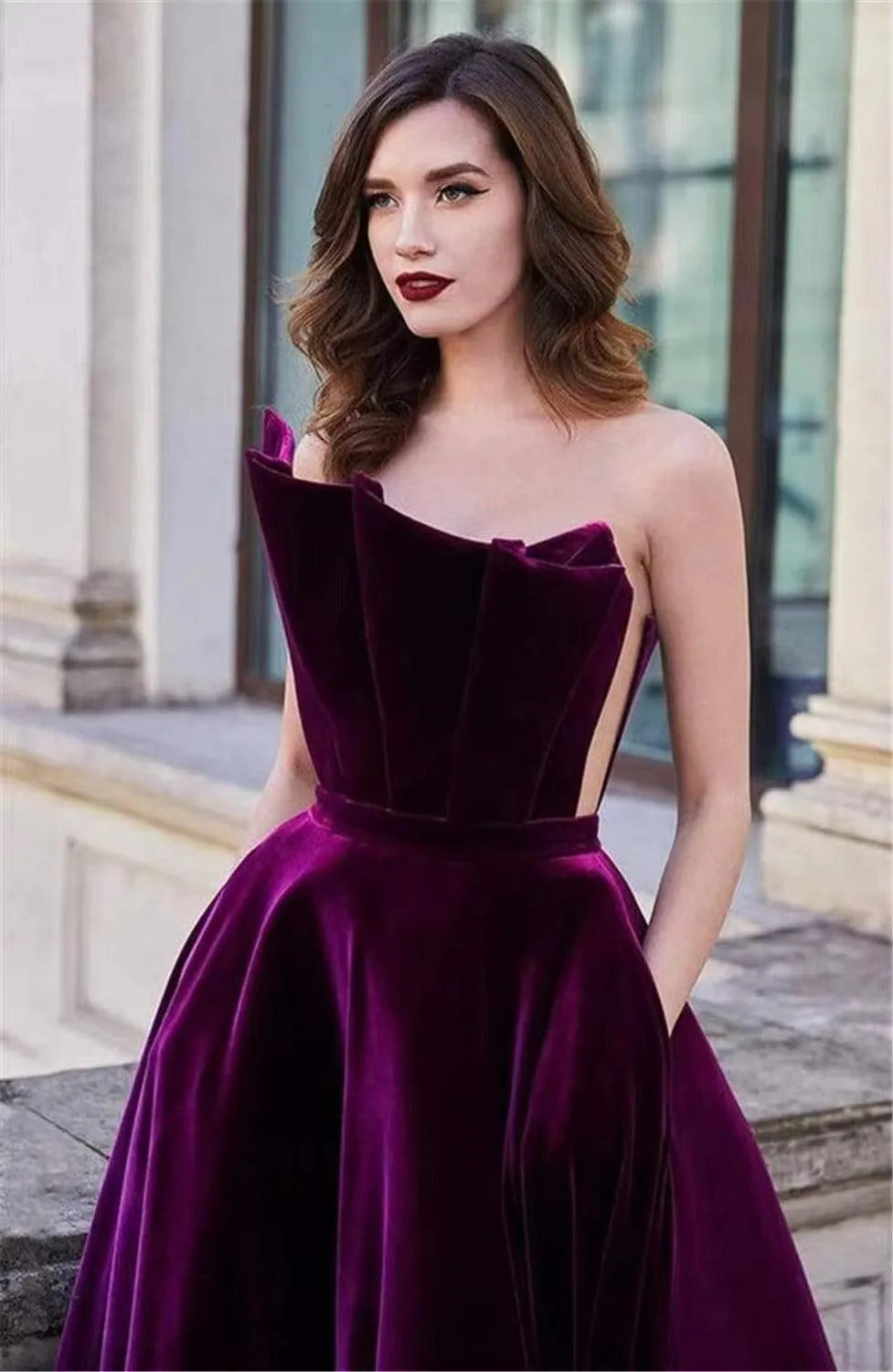 Purple Velvet Caftan Arabic Evening Dresses Sexy Strapless Dubai Formal Party Gown Plus Size s Longo Prom Gowns PURPLE