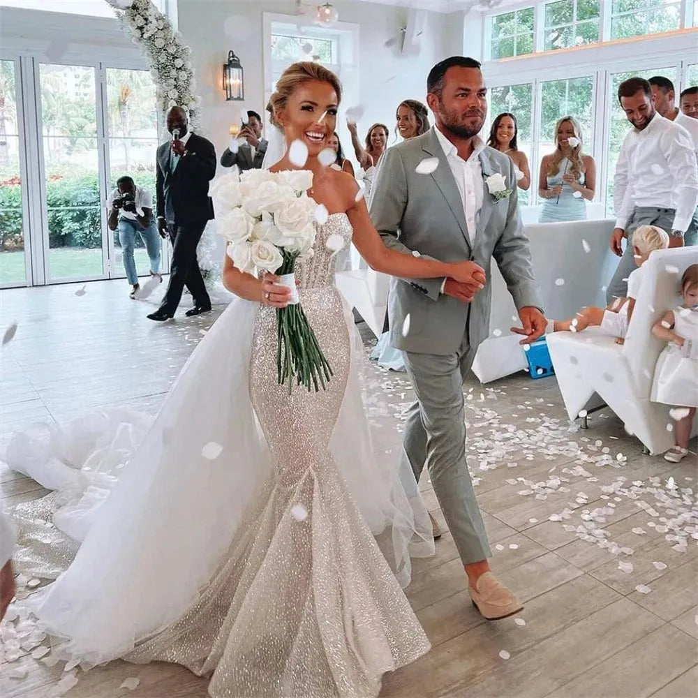 Glitter Mermaid Wedding Dresses Off Shoulder Sweetheart Shiny Bridal Gowns Sparkly With Puffy Tulle Train Bride Dress Custom Color or Size