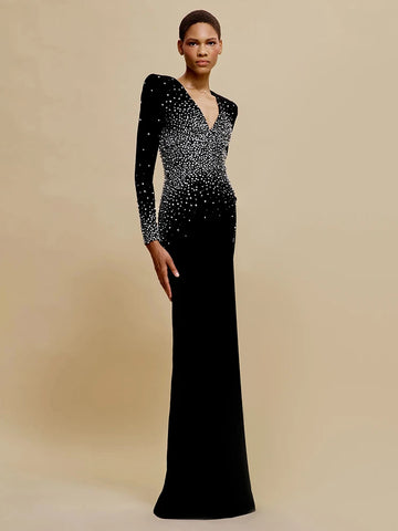 Vestido Longo Preto VC com Mangas Compridas e Pérolas para Mulher Decote V Bordado Vestido de Festa de Celebridade Vestidos de Noite