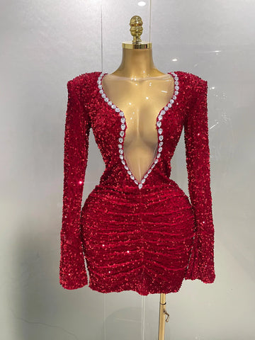 Sexy Shiny Red Sequins Rhinestones Sheath Mini Dress  New Women Evening Birthday Party Nightclub Stage Performance Costume