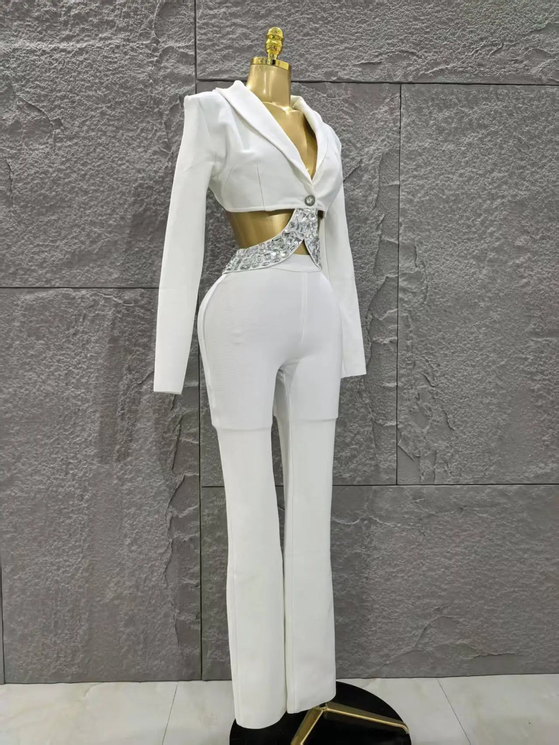 Black White Women Long Sleeve Sexy V-Neck Shinning Crystal 2 Pieces Bodycon Bandage Set Celebrate Evening Party Women's Set