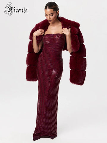 VC Redwine Beaded Strapless Long Maxi Dress For Women Elegant Sleeveless Backless Sparkle Crystals Bodycon Cocktail Evening Gown
