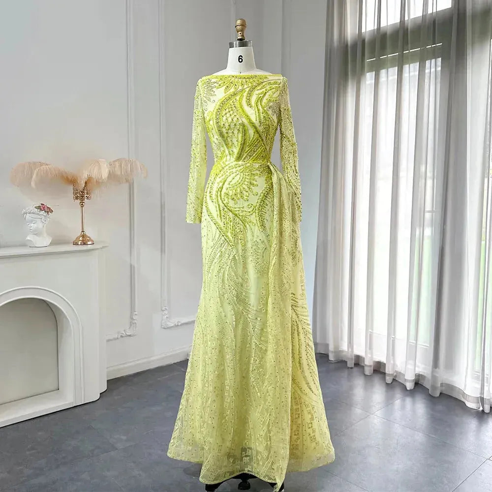 Luxury Dubai Blue Mermaid Muslim Evening Dress Overskirt Long Sleeve Plus Size Women Wedding Guest Party Gowns Blue Evening Dress