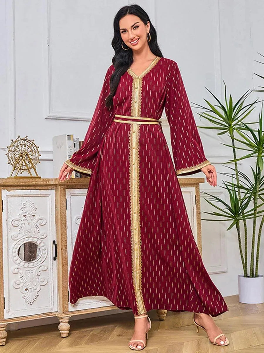 Abaya Muslim Fashion Chic Tape Trim Full Sleeve V-Neck Belted Clothing Elegant Casual African Long Dresses For Women Red Dress