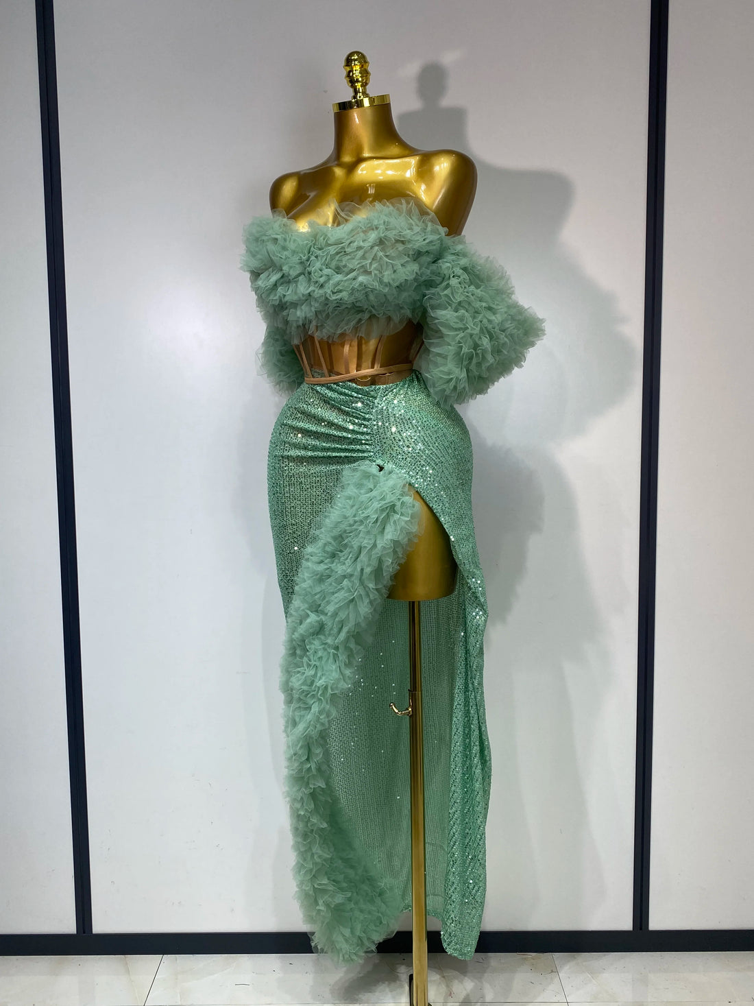 Women Sexy Sparkly Sequins Top Long Skirt Two Pieces Set Festival Celebrate Evening Party Luxury Birthday Nightclub Stage Outfit