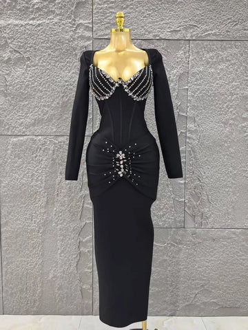Women Long Sleeve Sexy Square Collar Shinning Crystal Bodycon Long Bandage Dress Celebrate Evening Party Outfit