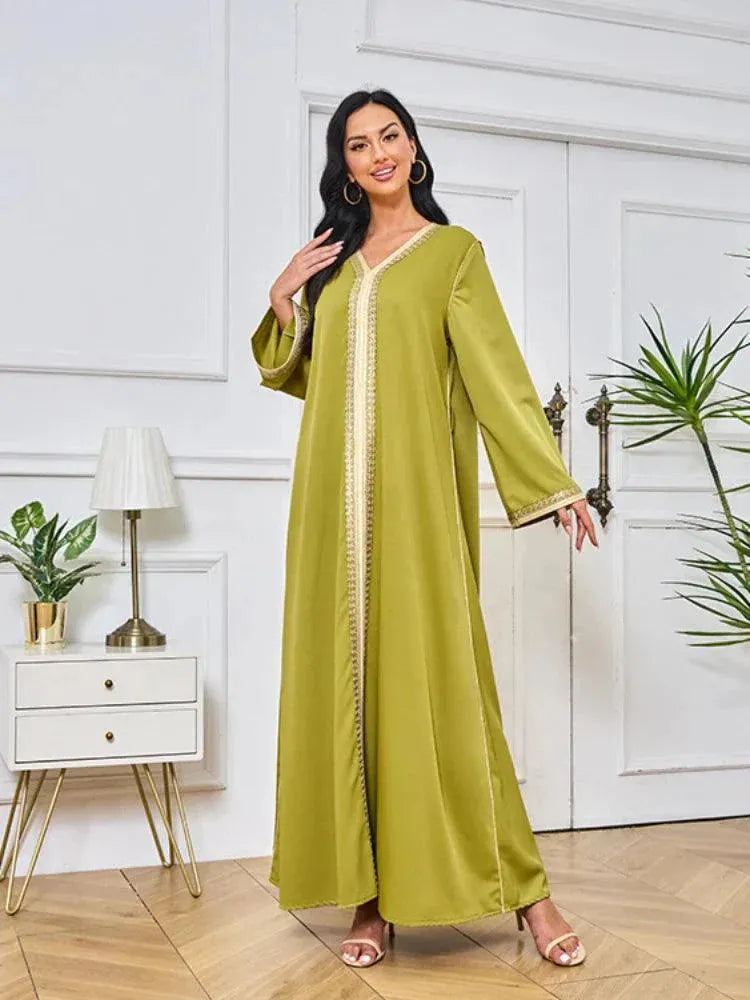 Dubai Abaya Solid Tape Trim Full Sleeve V-Neck Belted Clothing Elegant Casual Muslim Long Modest Dresses Women Olive Dress