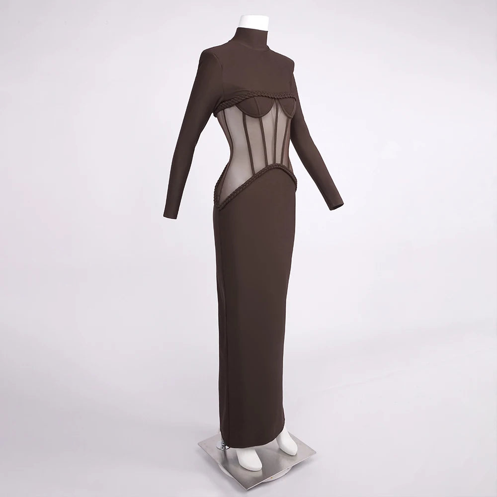 VC Sophisticated Brown High-Neck Long Sleeves Dress with Sheer Mesh Corset Accent for Party Evening Gown