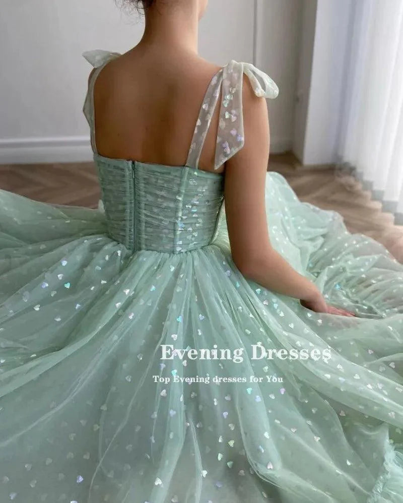 Mint A-line Fairy Glitter Tulle Ankle Length Cocktail Dress Sweetheart Bow Straps Birthday Gown with Pockets