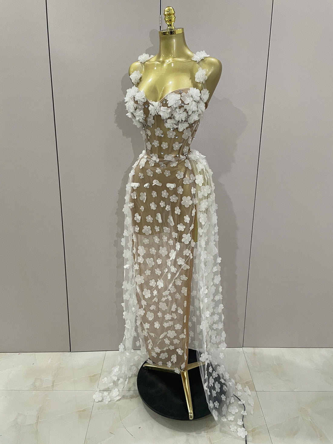 Sexy Mesh See Through Flowers Backless Long Dress  Women Elegant Party Wedding Celebrate Evening Gown Prom Hotwife Outfit