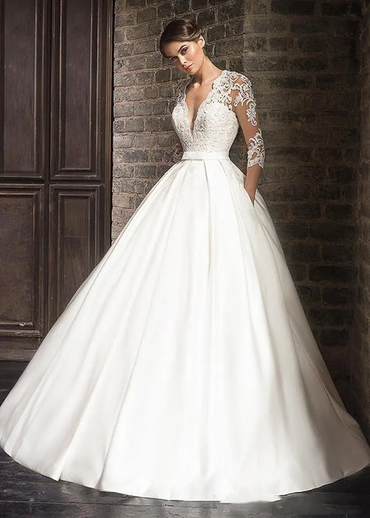 Eleganti abiti da sposa in pizzo Vestitido de novi Mezzo maniche Abito da sposa a V Schering Tash Tase Personalizza Robe de Mariee