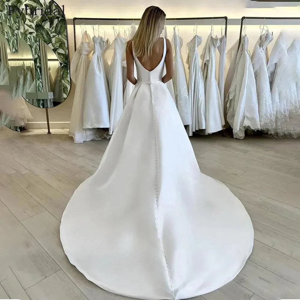 Simple A Line Wedding Dress Spaghetti Straps Square Collar Satin Backless Side Slit Bridal Gowns Vestidos De Novia Custom Made White Satin