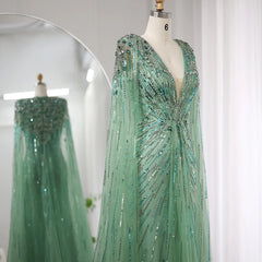 Luxury Dubai Sage Green Evening Dresses with Cape Fuchsia Crystal Gold Elegant Women Wedding Formal Party Gown