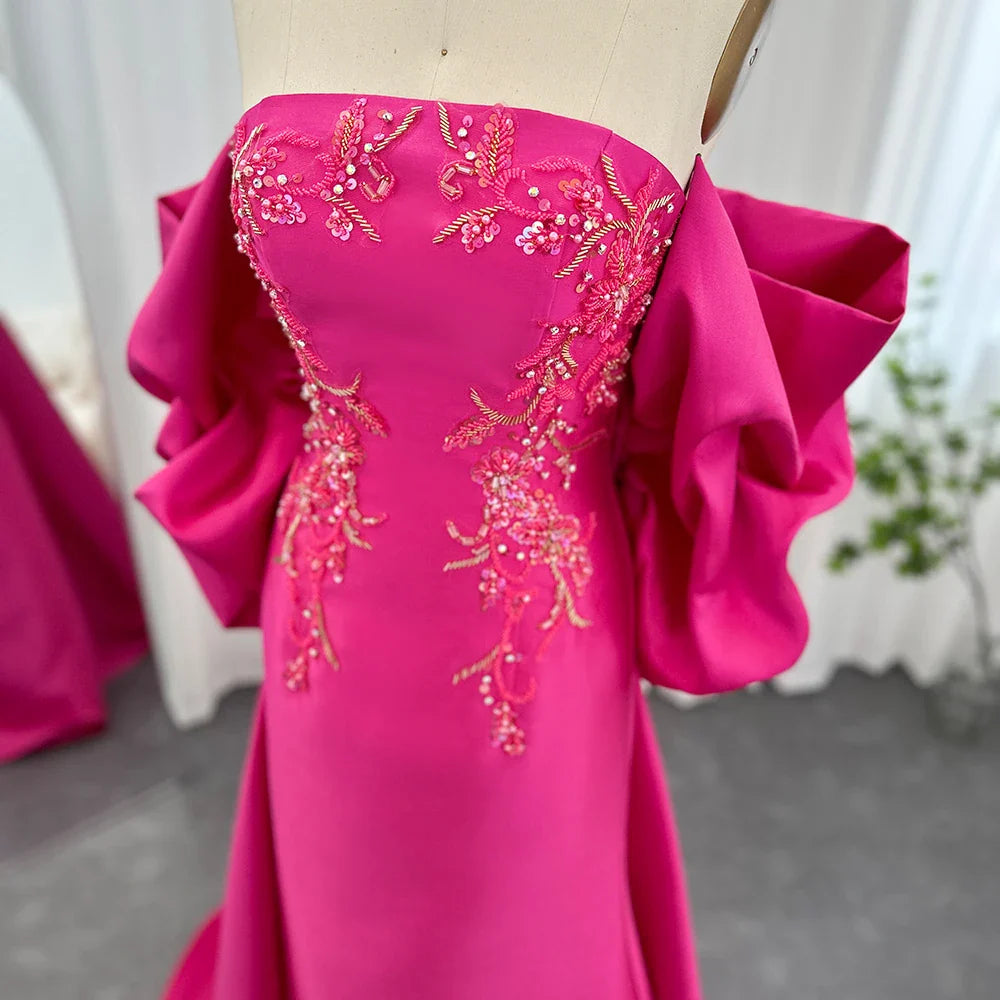 Fuchsia Mermaid Dubai Luxury Evening Dresses with Cape Shawl Arabic Women Long Wedding Party Guest Gowns