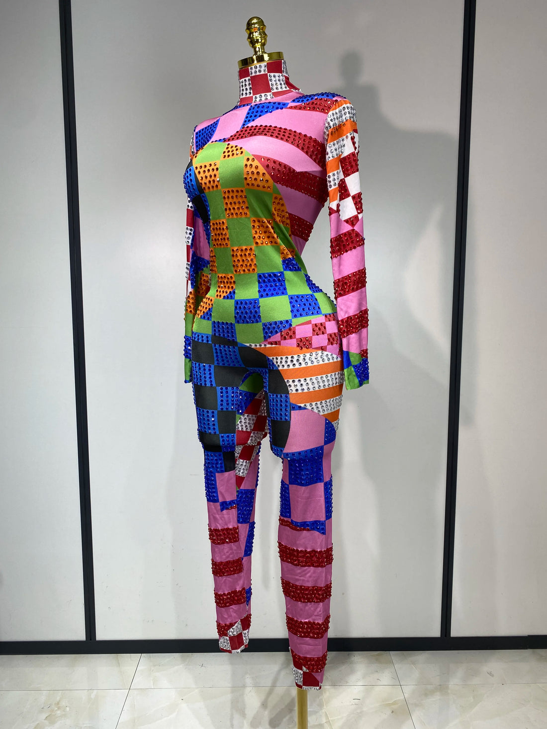 Colorful Printed Sparkly Rhinestones Jumpsuit Women Sexy Long Sleeve Performance Dance Costume Stage Evening Party Club Outfit