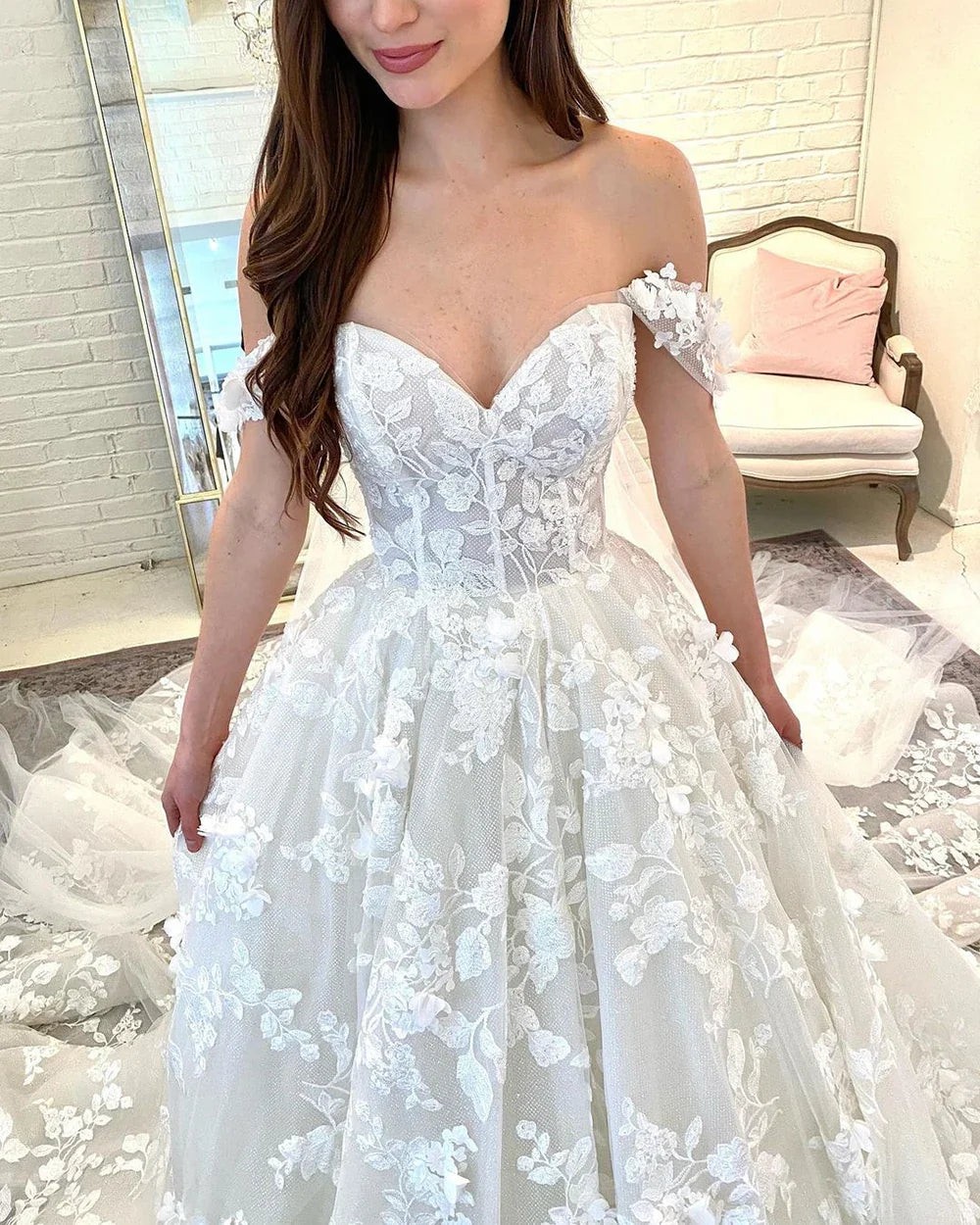 Prinzessin Boho Brautkleider für Frauen aus der Schulter Sweetheart Spitze Applikationen Brautkleid Ballkleid 