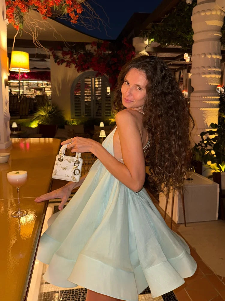 Elegant Yellow Pleated A-line Hem Mini Dress Women Sexy Sleeveless Open Back Lace-up Dresses Summer Lady Holiday Beach Vestidos