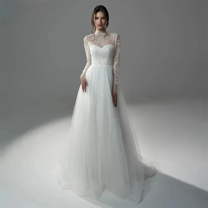 Bohemia Lace Wedding Dresses High Neck A-Line Floor Length Bridal Gowns Princess Appliques Bride Dress vestidos de novia