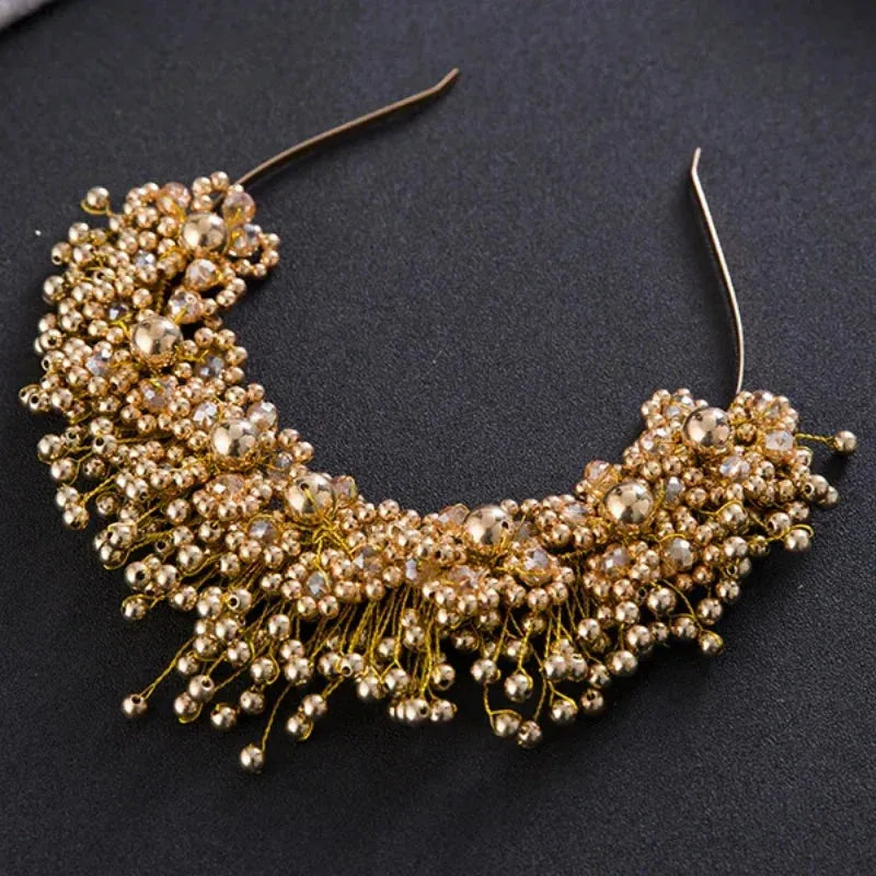 Gold Color Pearl Flower Headband Hairband Tiara For Women Bride Bridal Wedding Hair Accessories Jewelry Crown Tiara Headband Gold