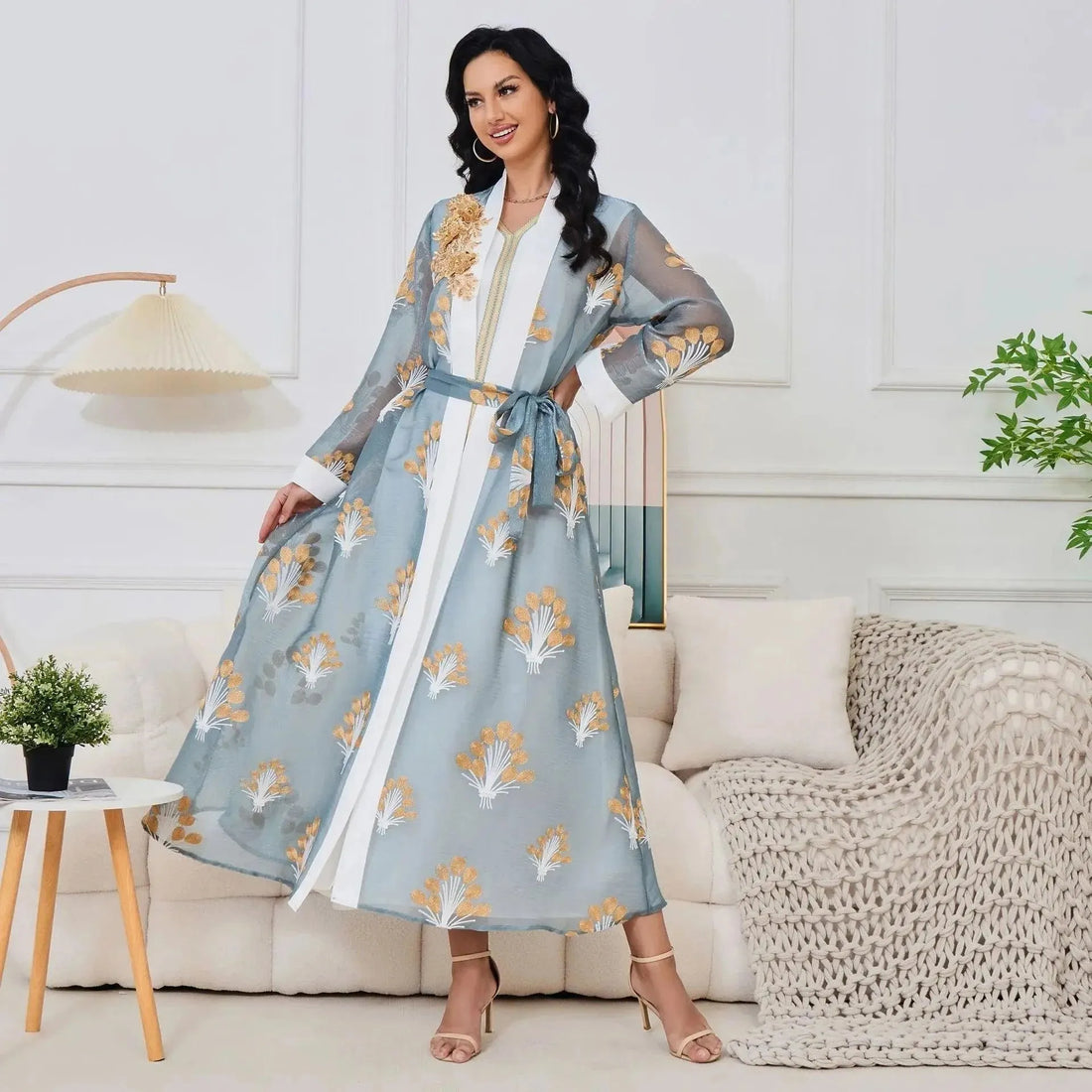 Abaya For Women Dubai 2 Pieces Set Office Ethnic New Embroiled Muscle Long Dress For Women White Inner With Belt Arab Ramadan