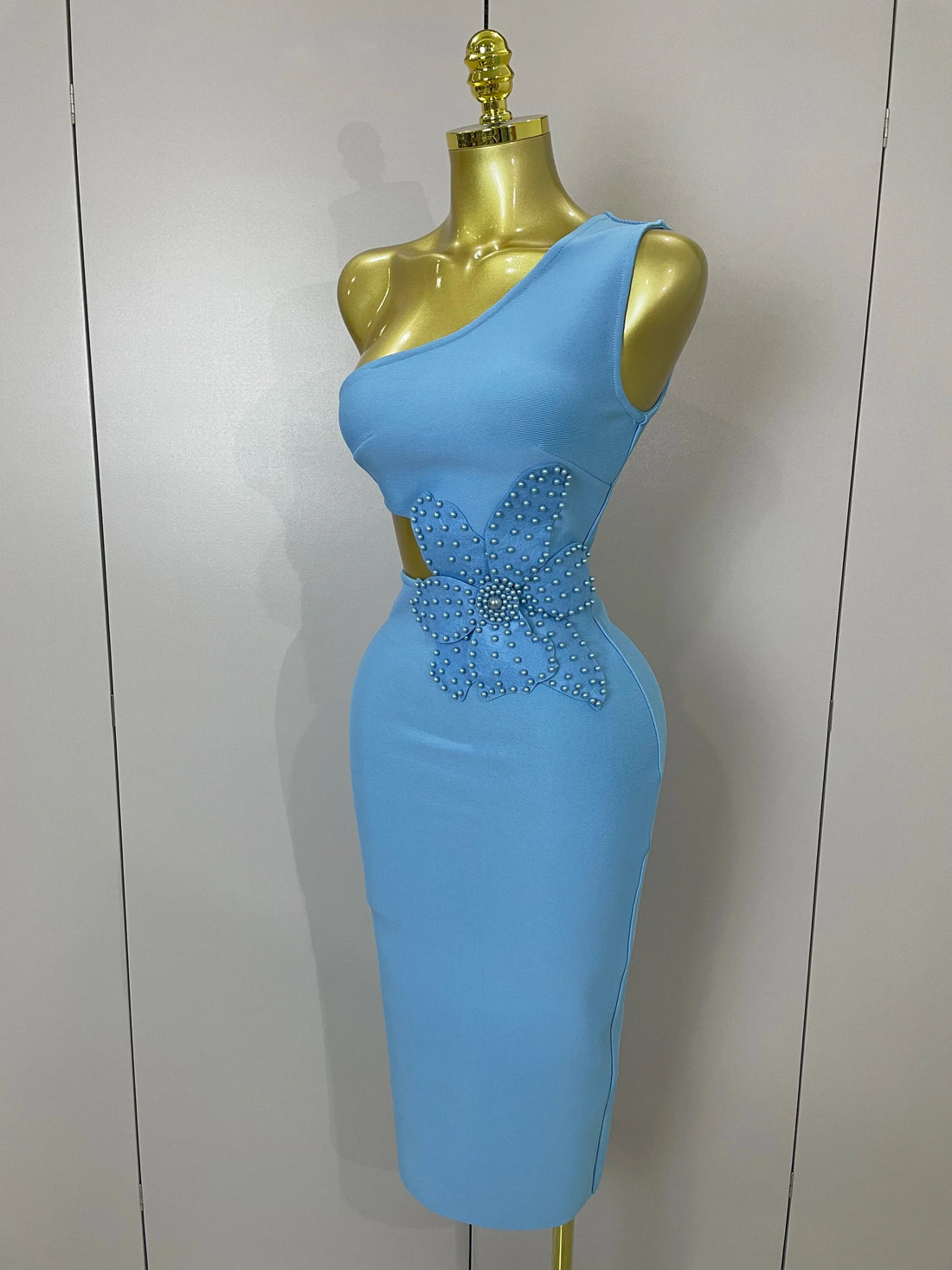Luxury Sexy One Shoulder Pearl Sky Blue Bodycon Bandage Dress  Women Celebrity Elegant Evening Club Birthday Party Outfit