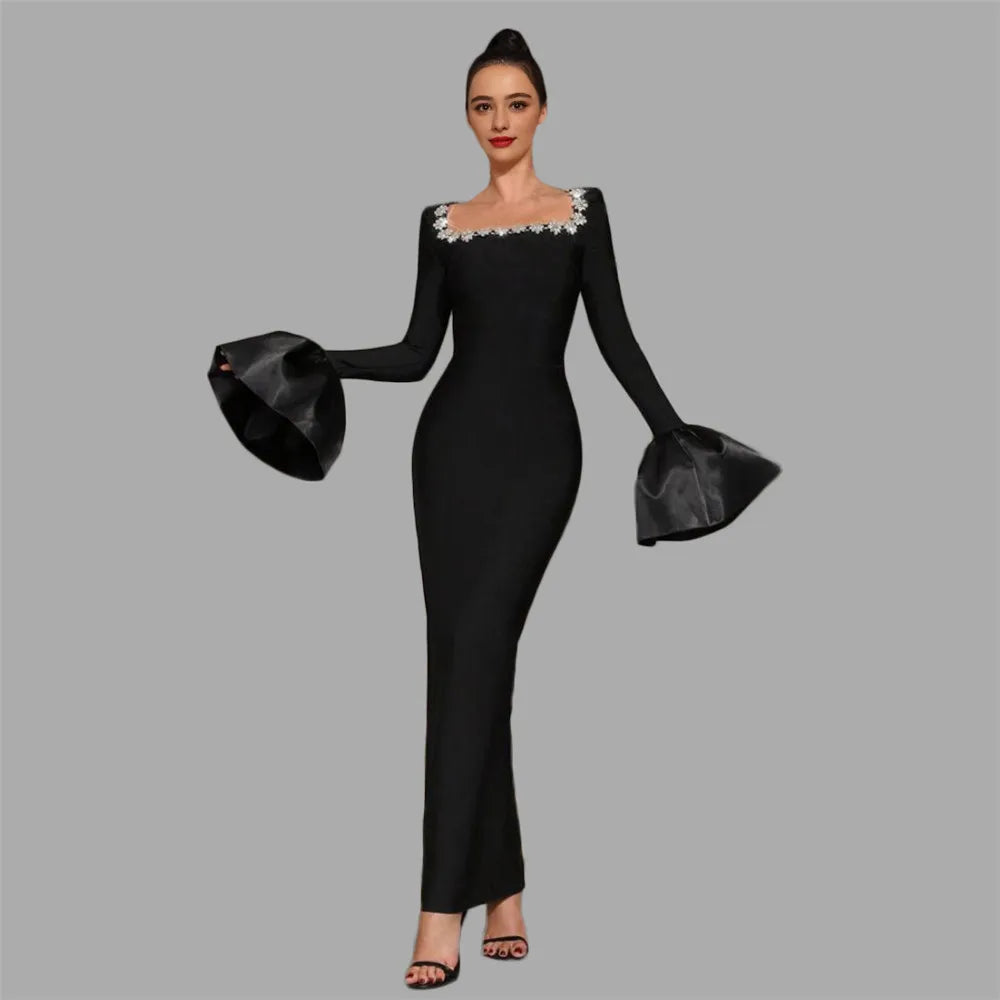 Black Color Women Long Sleeve Sexy Sqaure Collar Shinning Crystal Bodycon Long Bandage Dress Celebrate Evening Party Outfit