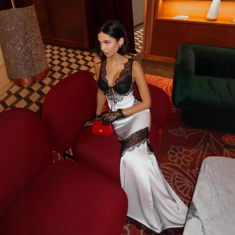 Women Sleeveless V-Neck Sexy Black Lace Bodycon Bandage Long Dress Evening Party Celebrate Birthday Outfit