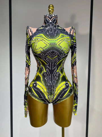 Women Sparkly Rhinstones High Street Bodysuit Performance Dance Singer Costume Nightclub Evening Party Birthday Stage Outfit