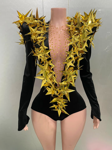 Shiny Gold Rhinestone Black Velvet Long Sleeve Bodysuit  Women Evening Party Club Gala Hosts Night Club Bar Stage Costumes